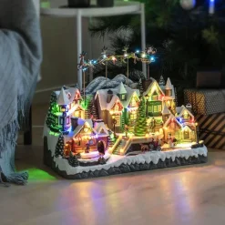 Juledekorasjon>Konstsmide By med flyvende rensdyr, nisse og musikk LED Flerfarget