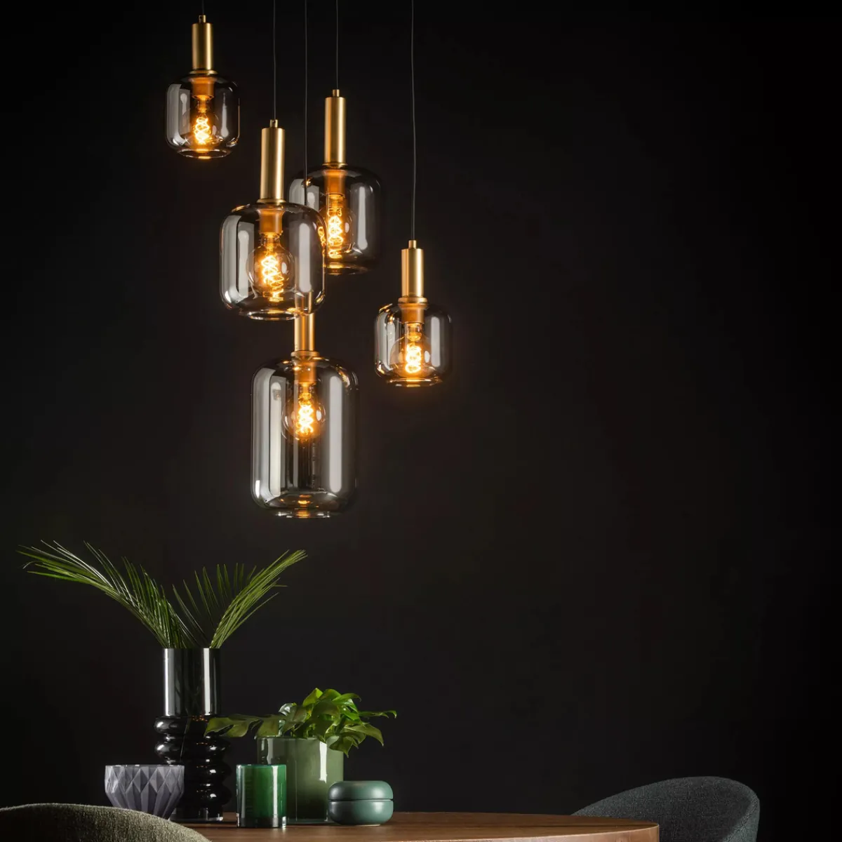 Kjøkkenbelysning Tak|Takpendler>Lucide Joanet takpendel rondell 5 lys Messing / Røyk