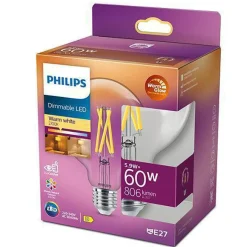Dekorpære E27|Led-Pærer E27 Sokkel>Philips Globe filament LED warmglow E27 5,9W 95 mm dimbar - Klar Hvit