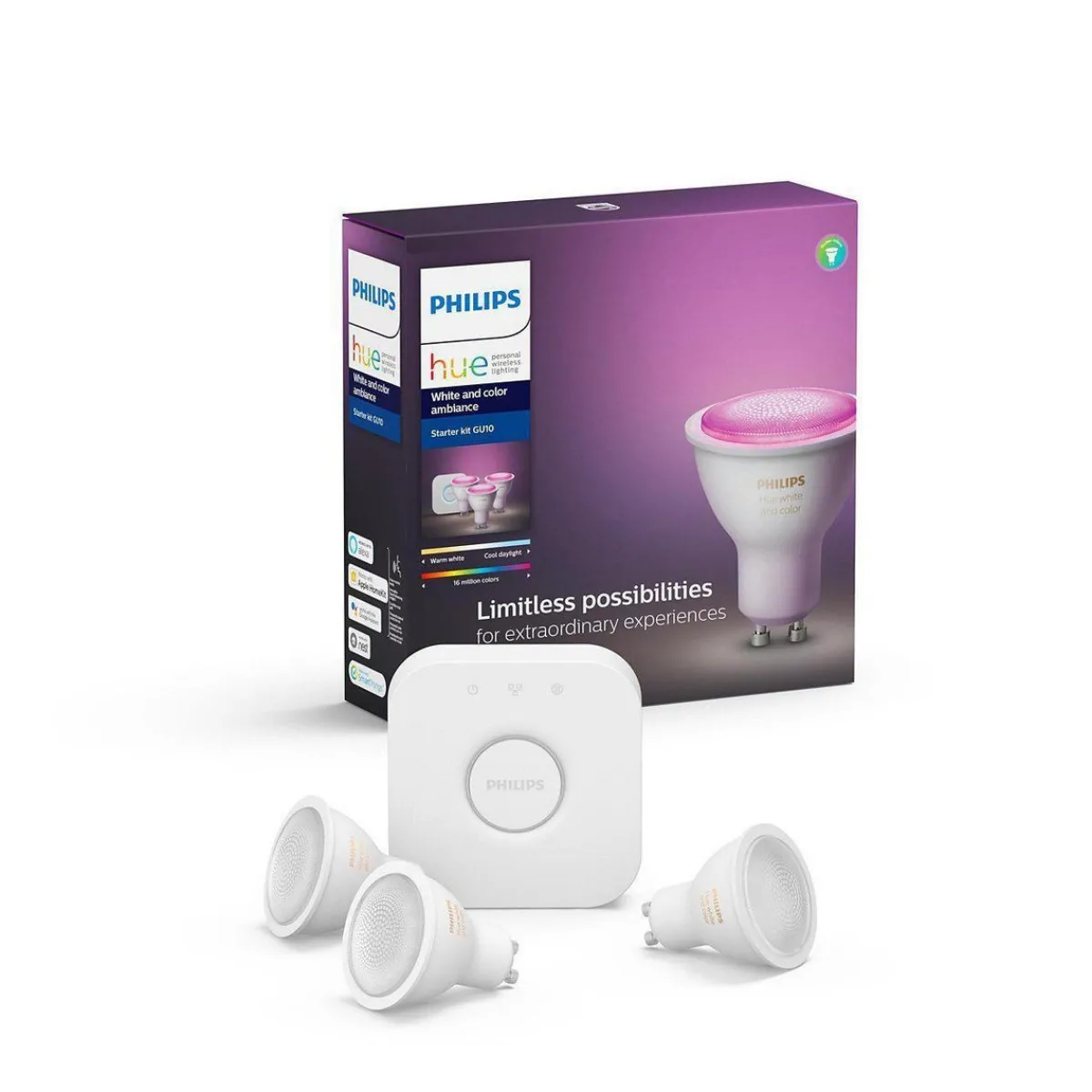 Led-Smartlyspærer|Led-Pærer Gu10 Sokkel>Philips Hue startsett 3 stk GU10 white and colore ambiance bluetooth inkludert bro