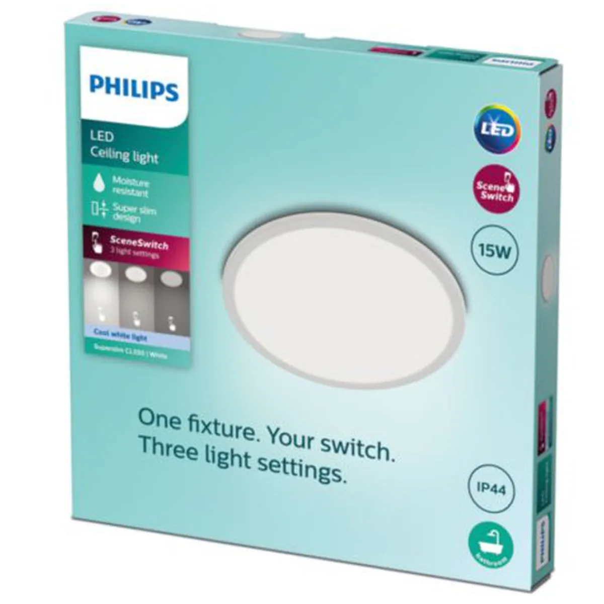 Baderomsbelysning Tak|Kjøkkenbelysning Tak>Philips superslim taklampe 25 cm 15W 4000 IP44 Kelvin 3-step dim - Hvit