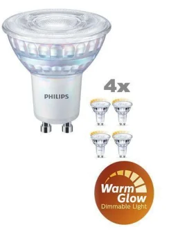 Led-Pærer Gu10 Sokkel>Philips 3,8W (50W), warmglow dimbar GU10 LED RA90, 4 pakning Klar
